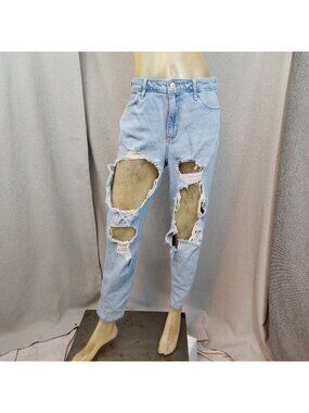 Hollister High Rise Mom Light Wash Distressed Denim Blue Jeans 29 W 9 Reg